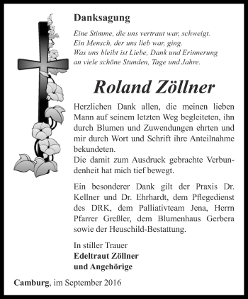 Traueranzeige von Roland Zöllner von Ostthüringer Zeitung, Thüringische Landeszeitung