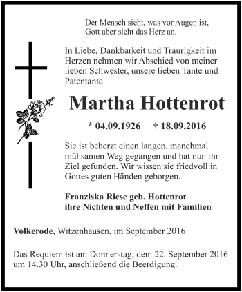 Traueranzeige von Martha Hottenrot von Thüringer Allgemeine