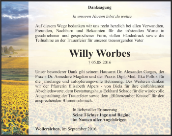 Traueranzeige von Willy Worbes von Thüringer Allgemeine