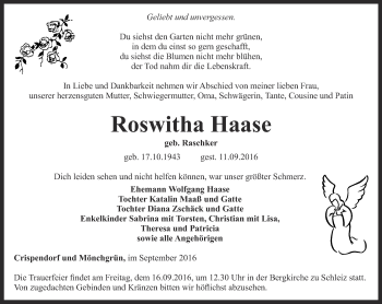 Traueranzeige von Roswitha Haase von Ostthüringer Zeitung