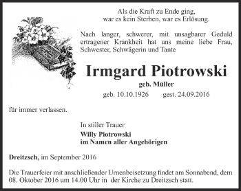 Traueranzeige von Irmgard Piotrowski von Ostthüringer Zeitung