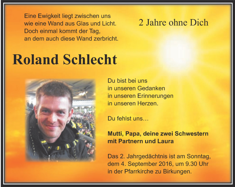  Traueranzeige für Roland Schlecht vom 02.09.2016 aus Thüringer Allgemeine