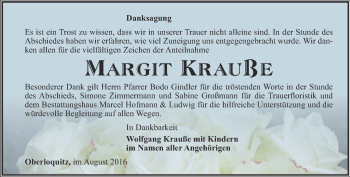 Traueranzeige von Margit Krauße von Ostthüringer Zeitung