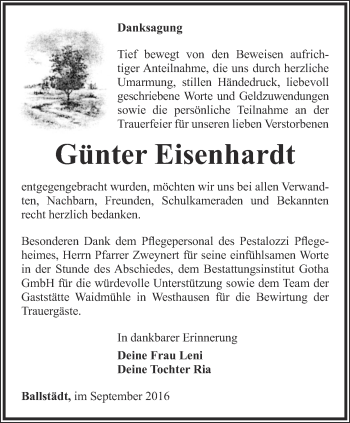 Traueranzeige von Günter Eisenhardt von Ostthüringer Zeitung, Thüringische Landeszeitung