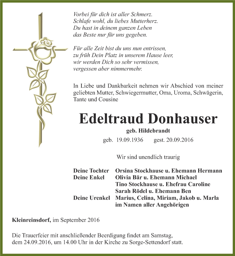  Traueranzeige für Edeltraud Donhauser vom 23.09.2016 aus Ostthüringer Zeitung