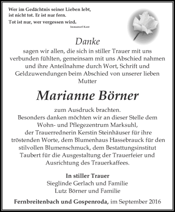 Traueranzeige von Marianne Börner von Thüringer Allgemeine, Thüringische Landeszeitung