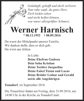 Traueranzeige von Werner Harnisch von Thüringer Allgemeine, Thüringische Landeszeitung