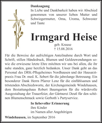 Traueranzeige von Irmgard Heise von Thüringer Allgemeine