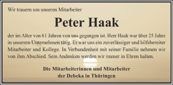 Traueranzeige von Haak Peter von Thüringer Allgemeine, Thüringische Landeszeitung