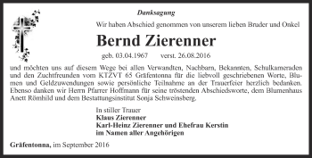 Traueranzeige von Bernd Zierenner von Ostthüringer Zeitung, Thüringische Landeszeitung