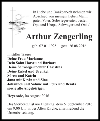 Traueranzeige von Arthur Zengerling von Thüringer Allgemeine, Thüringische Landeszeitung