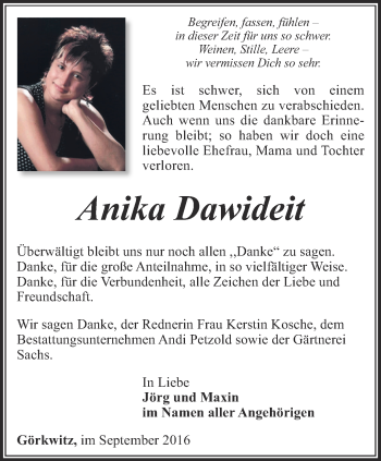 Traueranzeige von Anika Dawideit von Ostthüringer Zeitung