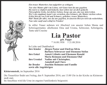 Traueranzeige von Lia Pastor von Thüringer Allgemeine, Thüringische Landeszeitung
