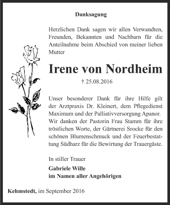 Traueranzeige von Irene von Nordheim von Thüringer Allgemeine