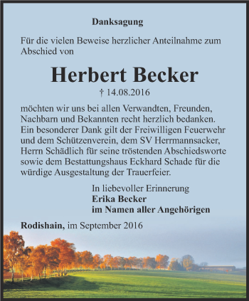Traueranzeige von Herbert Becker von Thüringer Allgemeine