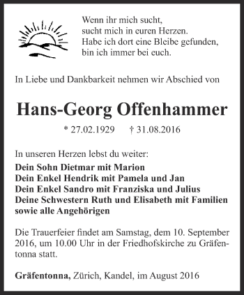 Traueranzeige von Hans-Georg Offenhammer von Thüringer Allgemeine, Thüringische Landeszeitung
