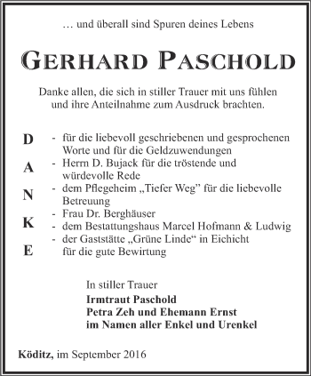 Traueranzeige von Gerhard Paschold von Ostthüringer Zeitung