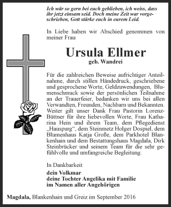 Traueranzeige von Ursula Ellmer von Thüringer Allgemeine, Thüringische Landeszeitung