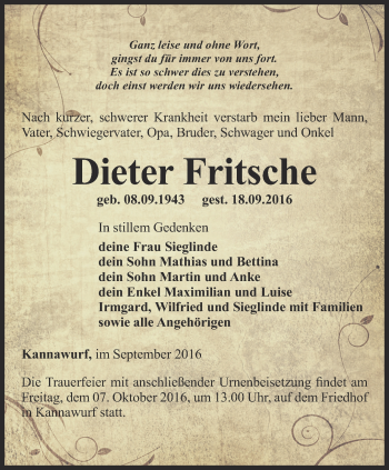 Traueranzeige von Dieter Fritsche von Thüringer Allgemeine
