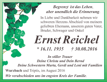 Traueranzeige von Ernst Reichel von Ostthüringer Zeitung