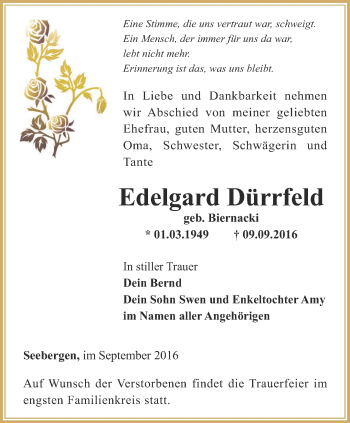 Traueranzeige von Edelgard Dürrfeld von Ostthüringer Zeitung, Thüringische Landeszeitung