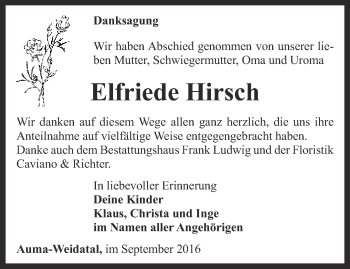 Traueranzeige von Elfriede Hirsch von Ostthüringer Zeitung