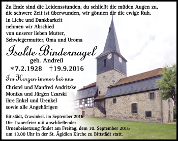 Traueranzeige von Isolde Bindernagel von Thüringer Allgemeine