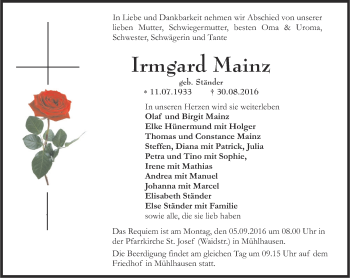 Traueranzeige von Irmgard Mainz von Thüringer Allgemeine, Thüringische Landeszeitung