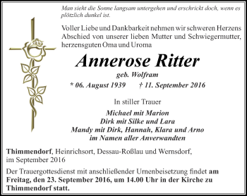 Traueranzeige von Annerose Ritter von Ostthüringer Zeitung