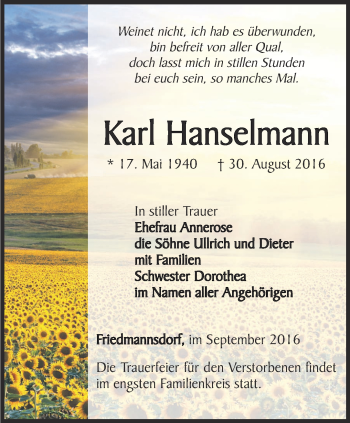 Traueranzeige von Karl Hanselmann von Ostthüringer Zeitung