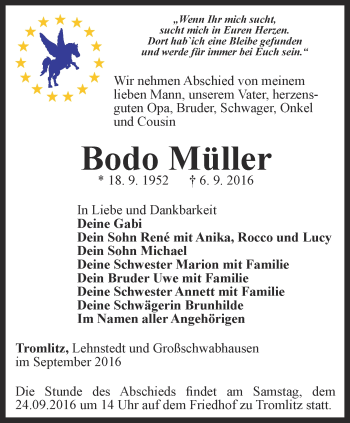 Traueranzeige von Bodo Müller von Thüringer Allgemeine, Thüringische Landeszeitung