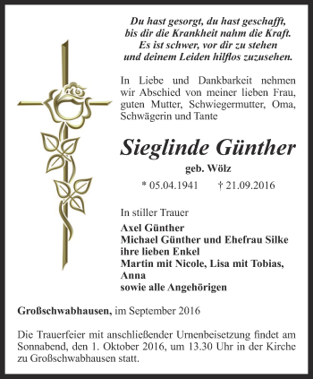 Traueranzeige von Sieglinde Günther von Thüringer Allgemeine, Thüringische Landeszeitung