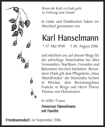 Traueranzeige von Karl Hanselmann von Ostthüringer Zeitung