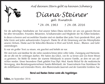 Traueranzeige von Diana Steiner von Thüringer Allgemeine, Thüringische Landeszeitung