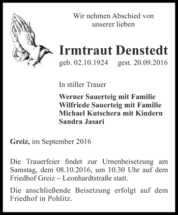 Traueranzeige von Irmtraut Denstedt von Ostthüringer Zeitung