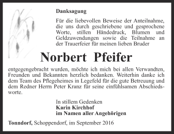 Traueranzeige von Norbert Pfeifer von Thüringer Allgemeine, Thüringische Landeszeitung