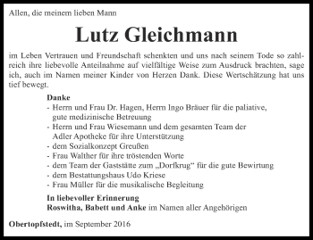 Traueranzeige von Lutz Gleichmann von Thüringer Allgemeine