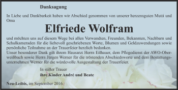 Traueranzeige von Elfriede Wolfram von Ostthüringer Zeitung