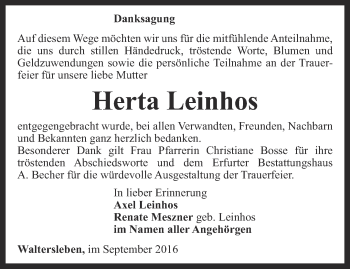 Traueranzeige von Herta Leinhos von Thüringer Allgemeine, Thüringische Landeszeitung