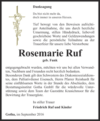 Traueranzeige von Rosemarie Ruf von Ostthüringer Zeitung, Thüringische Landeszeitung