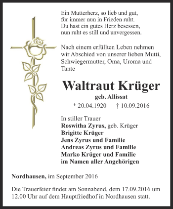 Traueranzeige von Waltraut Krüger von Thüringer Allgemeine