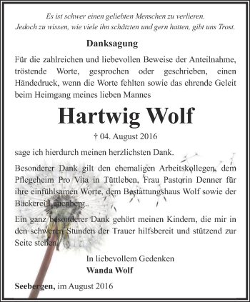 Traueranzeige von Hartwig Wolf von Ostthüringer Zeitung, Thüringische Landeszeitung