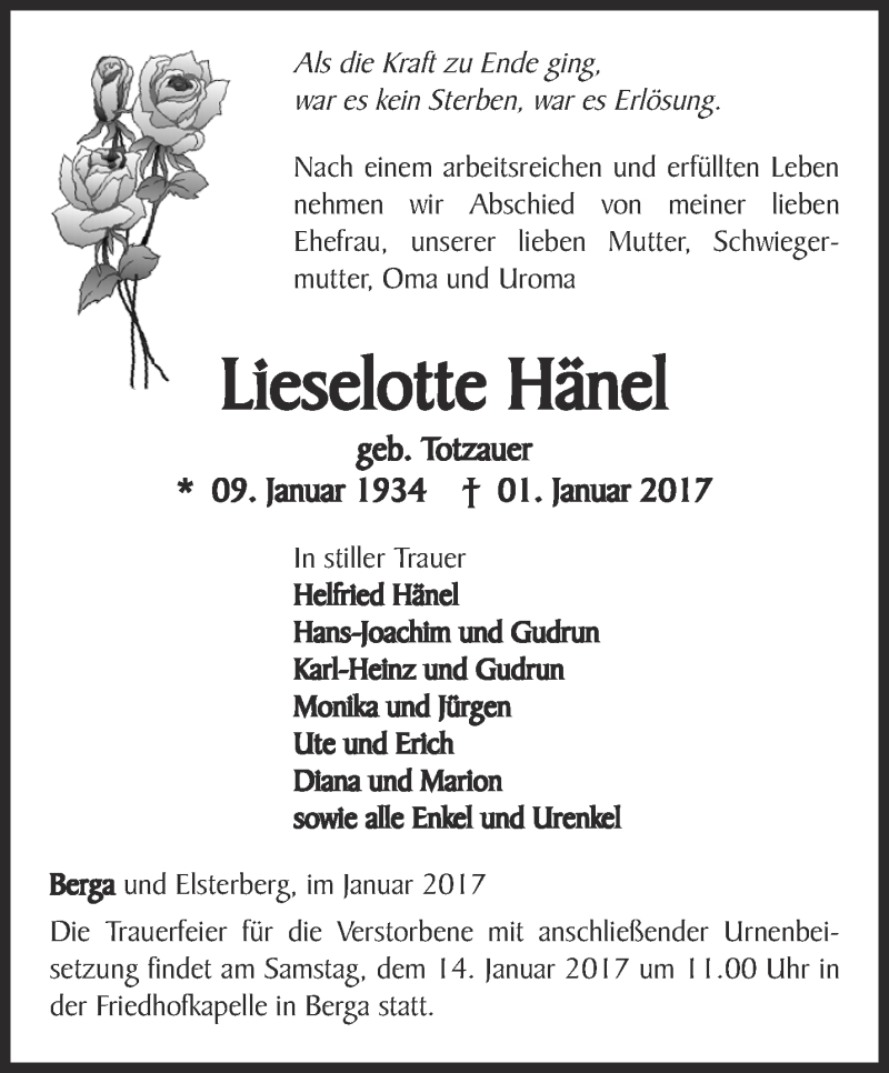  Traueranzeige für Liesleotte Hänel vom 07.01.2017 aus Ostthüringer Zeitung