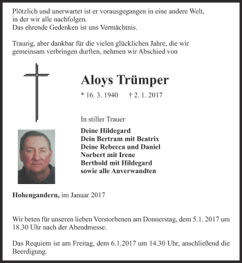 Traueranzeige von Aloys Trümper von Thüringer Allgemeine