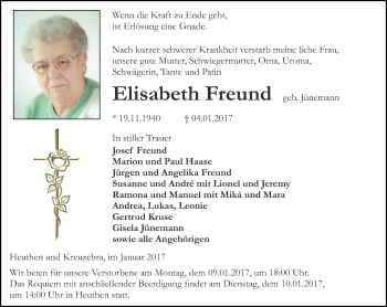 Traueranzeige von Elisabeth Freund von Thüringer Allgemeine