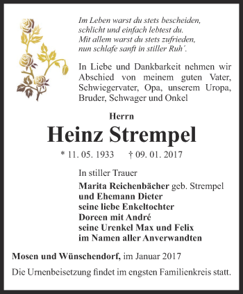 Traueranzeige von Heinz Strempel von Ostthüringer Zeitung