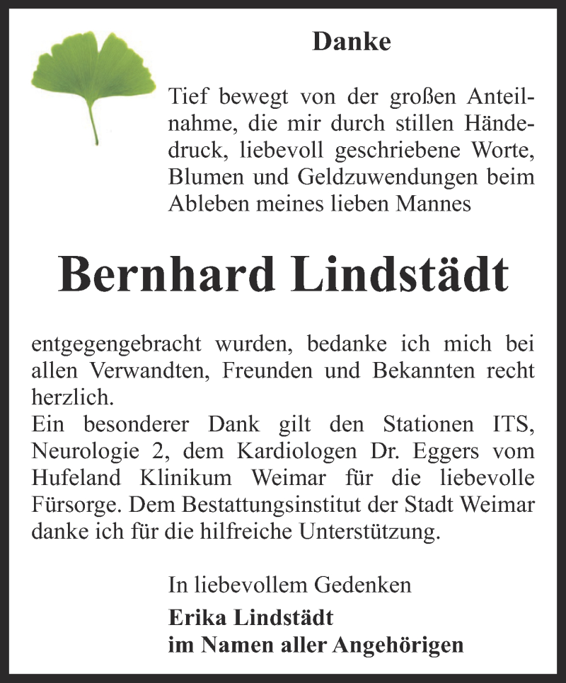  Traueranzeige für Bernhard Lindstädt vom 14.01.2017 aus Thüringer Allgemeine, Thüringische Landeszeitung