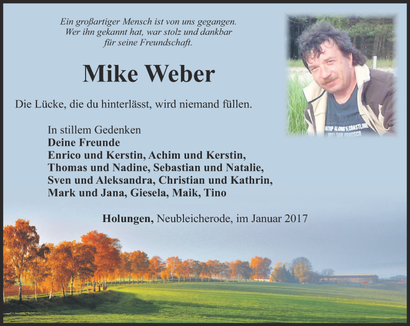 Traueranzeige für Mike Weber vom 31.01.2017 aus Thüringer Allgemeine