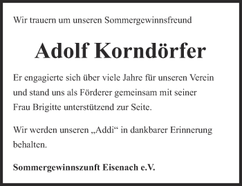 Traueranzeige von Adolf Korndörfer von Thüringer Allgemeine, Thüringische Landeszeitung