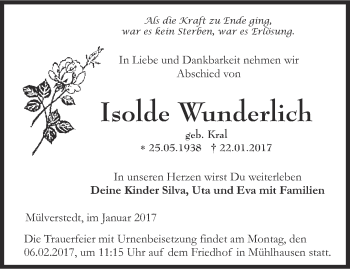 Traueranzeige von Isolde Wunderlich von Thüringer Allgemeine, Thüringische Landeszeitung